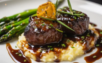 Balsamic Glazed Beef Medallions with Caramelized Onion Risotto and Lemon Garlic Asparagus