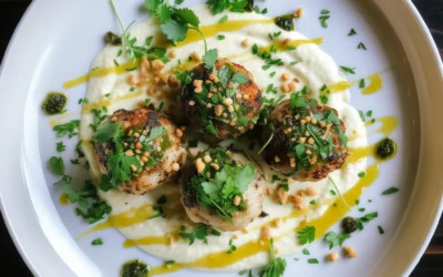 Ground Chicken Meatballs with Truffle-Scented Cauliflower Purée and Pistachio Gremolata