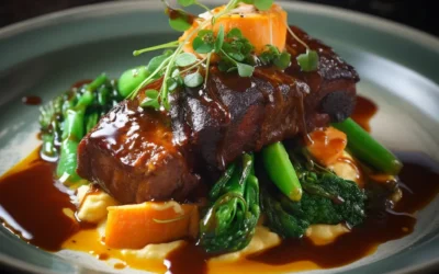 Soy Glazed Bourbon Infused Ribs with Gingered Sweet Potato Puree and Asian Greens