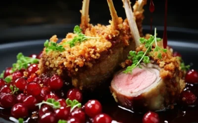 Panko-Crusted Lamb Racks with Mint Gel Spheres and Red Wine Pearls