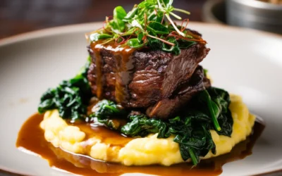 Red Wine-Braised Beef Short Ribs with Creamy Polenta and Sautéed Spinach