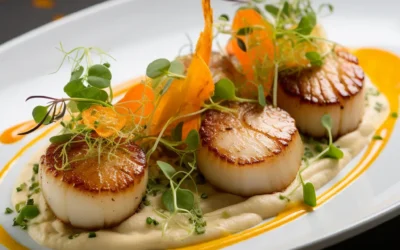 Seared Scallops with Cauliflower Puree, Vegetable Medley, and Citrus Beurre Blanc