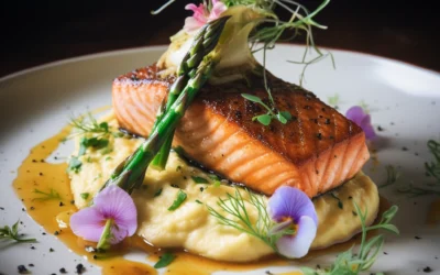 Pan-Seared Salmon with Lemon-Dill Butter, Roasted Asparagus, and Garlic Mashed Potatoes